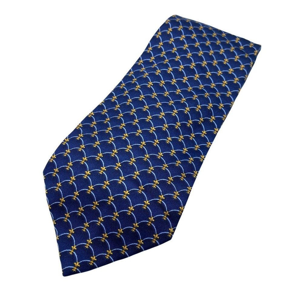 Beaufort Italian Italy Blue Navy Fleur de Lis Silk Tie Neck Luxury Vintage Mens